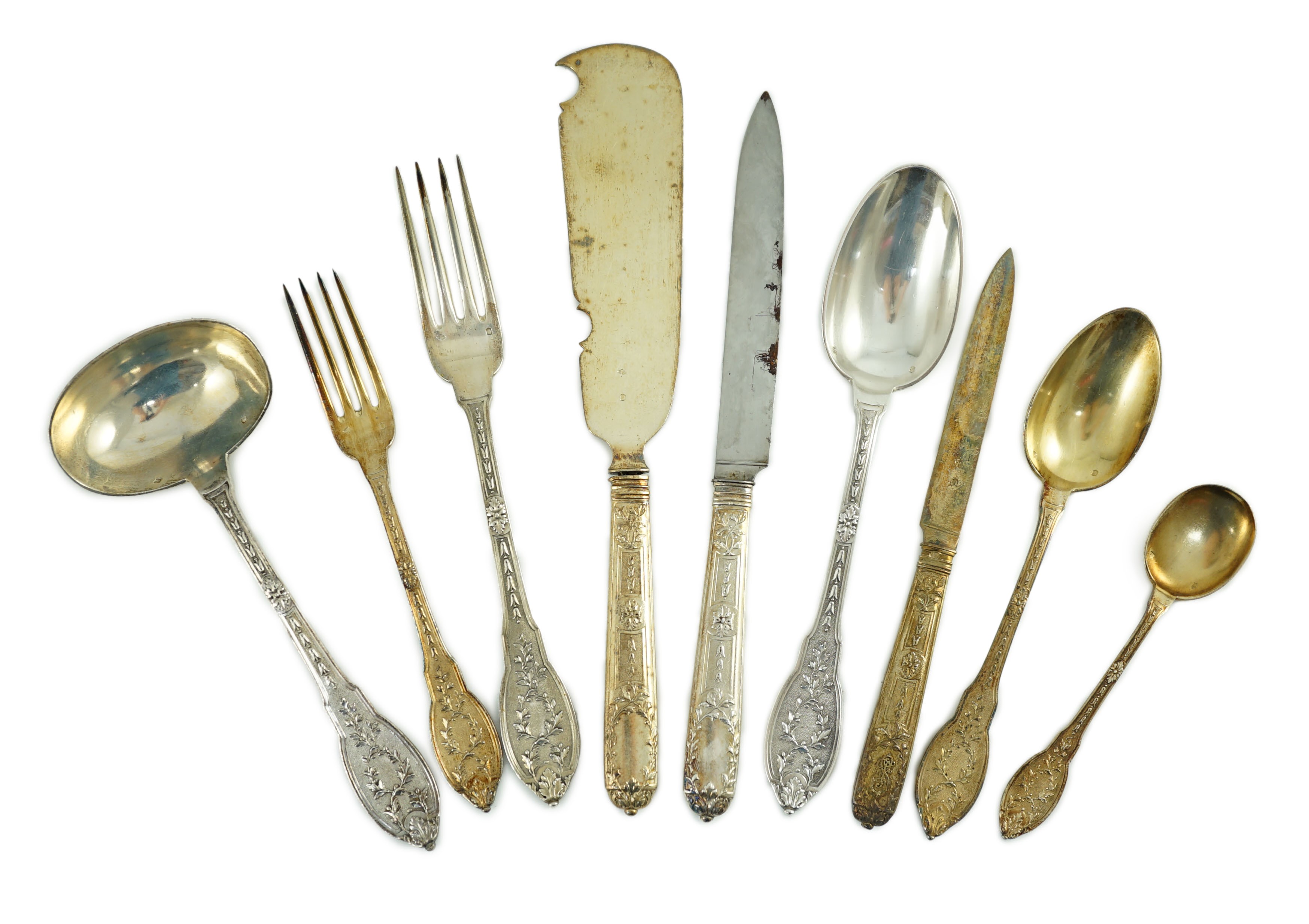 An extensive, almost complete canteen of late 19th/early 20th century French 950 standard silver fancy pattern cutlery, mainly by Gustave Keller of Paris